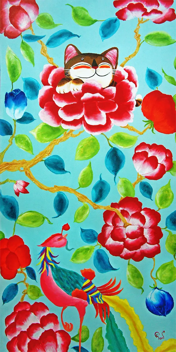 Singapore cat art, Dance Amongst the Peonies- 
Arrival of Good Luck